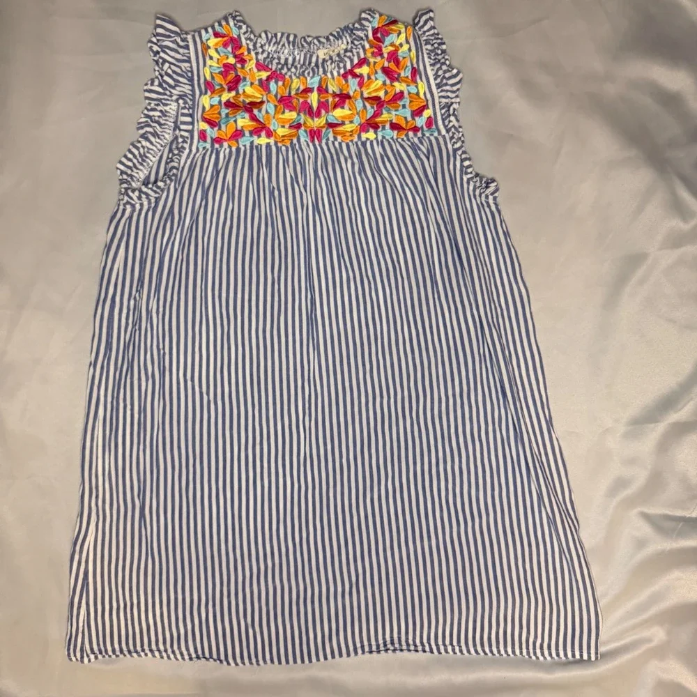 Jodifl‎ Blue White Striped Embroidered Floral Ruffle Sleeve dress Womens M